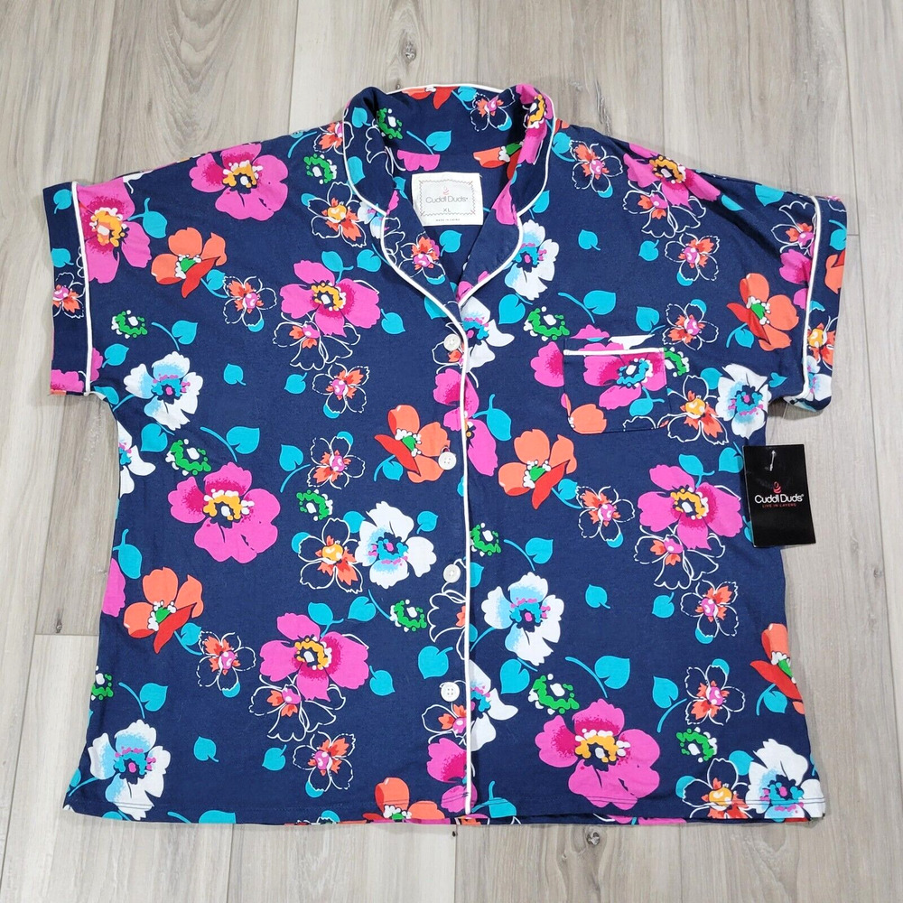 Cuddl Duds Pajama Top Women's XL Navy Floral Button